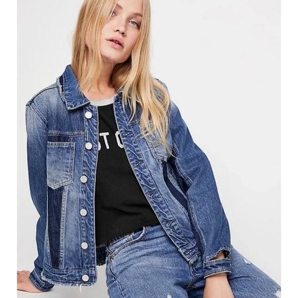 BLANKNYC World On Fire Jacket Denim Patchwork Distressed Blue Medium - Picture 1 of 11